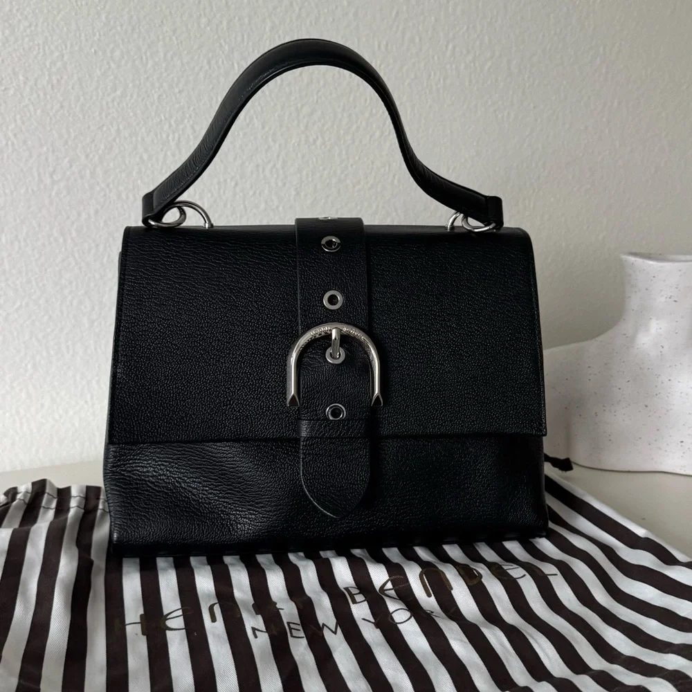 Henri Bendel Black Riverside Leather Handbag Satchel Silver Buckle - Picture 1 of 12